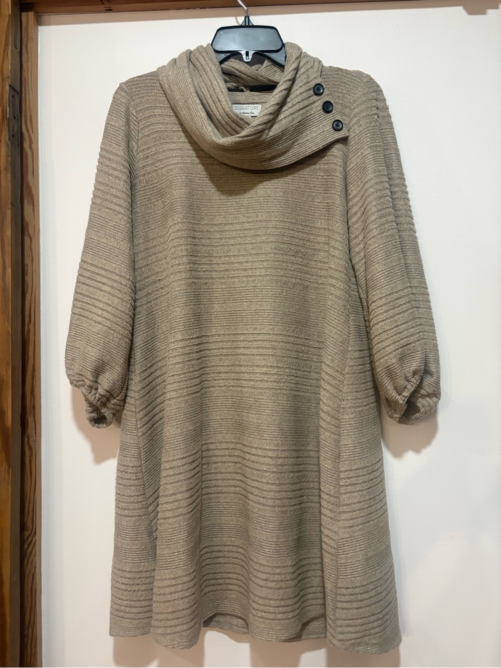 Robbie Bee Taupe Cowl Neck Sweater Tunic with Button Detail